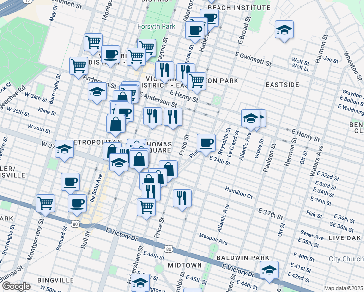 map of restaurants, bars, coffee shops, grocery stores, and more near 410 East 35th Street in Savannah