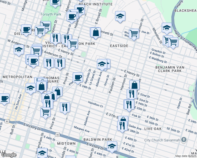 map of restaurants, bars, coffee shops, grocery stores, and more near 668 East 32nd Street in Savannah