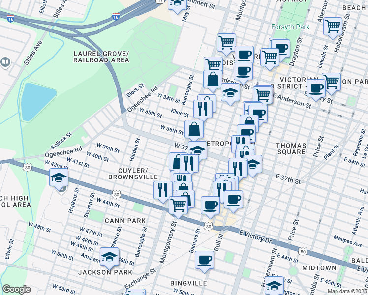 map of restaurants, bars, coffee shops, grocery stores, and more near W 37th St & Martin Luther King Jr Blvd in Savannah