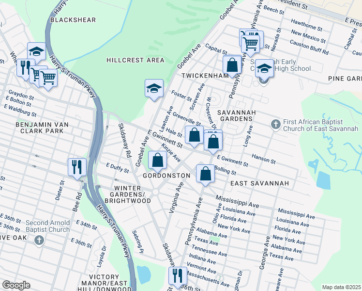 map of restaurants, bars, coffee shops, grocery stores, and more near 1829 East Gwinnett Street in Savannah