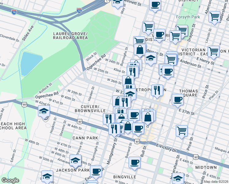 map of restaurants, bars, coffee shops, grocery stores, and more near 516 West 38th Street in Savannah