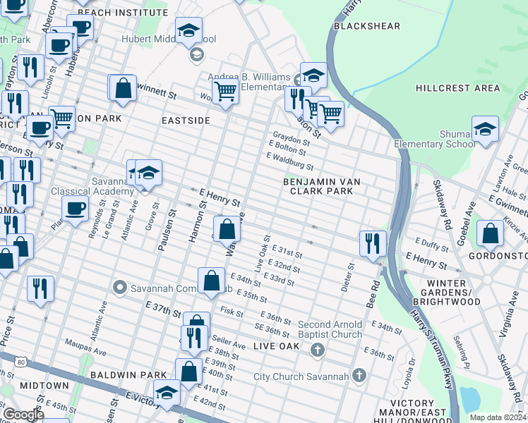 map of restaurants, bars, coffee shops, grocery stores, and more near East Henry Street in Savannah