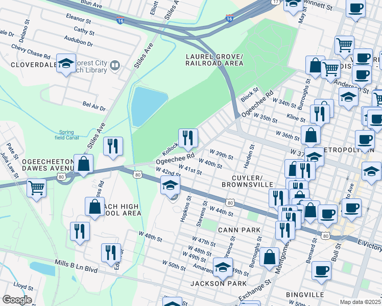 map of restaurants, bars, coffee shops, grocery stores, and more near 1025 West 40th Street in Savannah