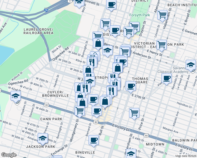 map of restaurants, bars, coffee shops, grocery stores, and more near 303 Georgia 204 in Savannah