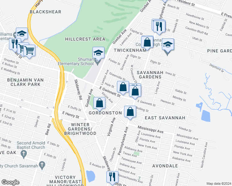 map of restaurants, bars, coffee shops, grocery stores, and more near 1828 East Gwinnett Street in Savannah