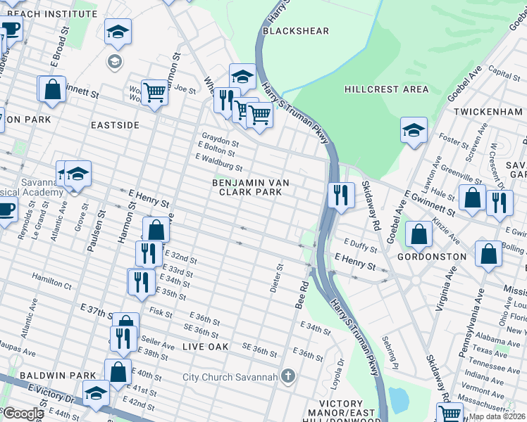 map of restaurants, bars, coffee shops, grocery stores, and more near 1332 East Henry Street in Savannah