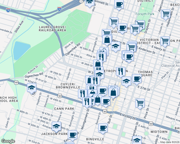map of restaurants, bars, coffee shops, grocery stores, and more near 516 West 38th Street in Savannah