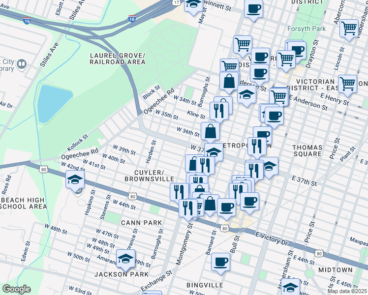 map of restaurants, bars, coffee shops, grocery stores, and more near 516 West 38th Street in Savannah