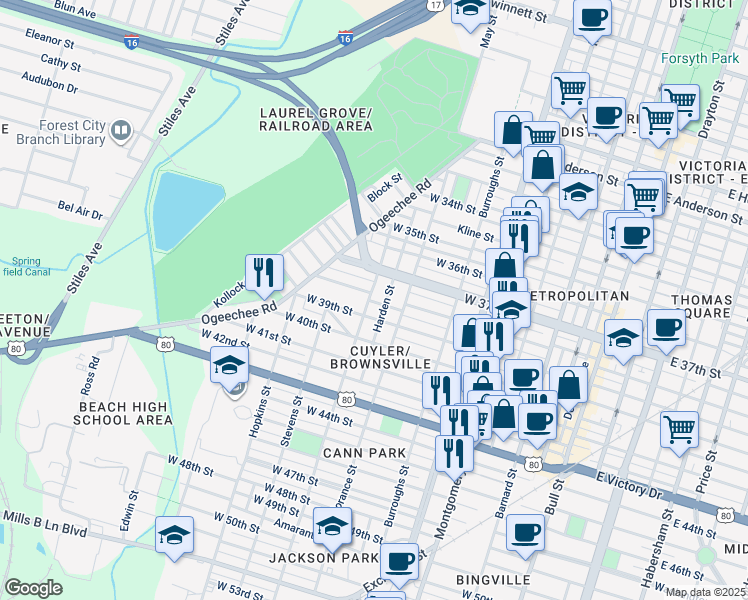 map of restaurants, bars, coffee shops, grocery stores, and more near 712 West 39th Street in Savannah