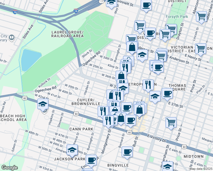 map of restaurants, bars, coffee shops, grocery stores, and more near 516 West 38th Street in Savannah