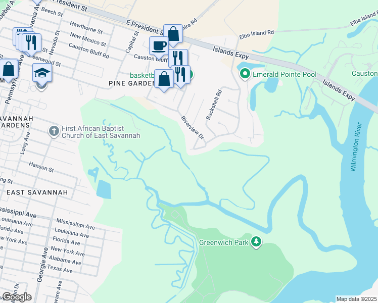 map of restaurants, bars, coffee shops, grocery stores, and more near 424 Riverview Drive in Savannah