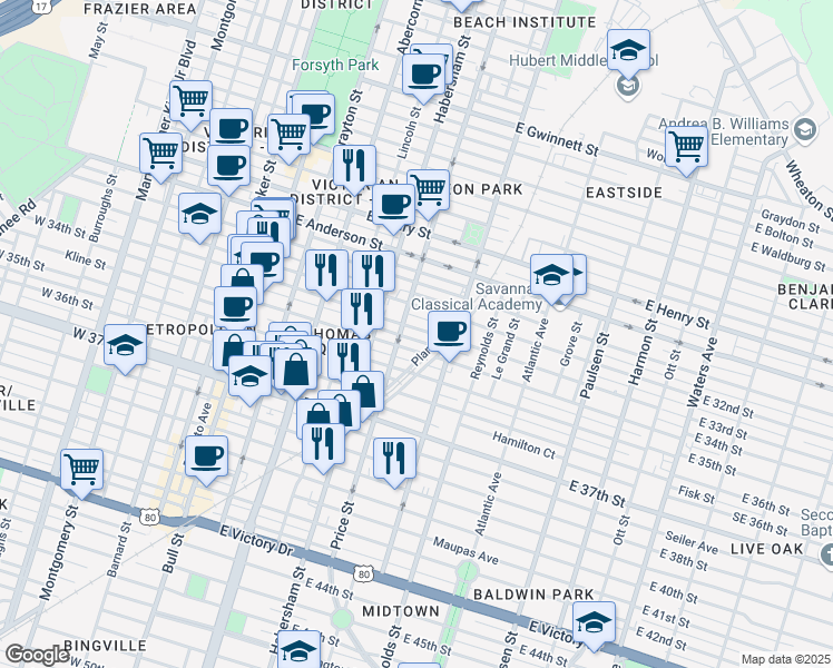map of restaurants, bars, coffee shops, grocery stores, and more near 519 East 34th Street in Savannah
