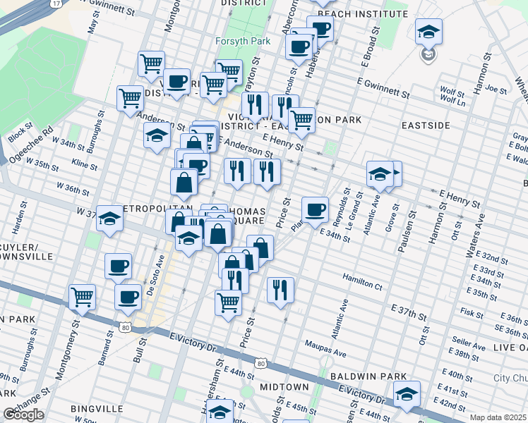 map of restaurants, bars, coffee shops, grocery stores, and more near 410 East 35th Street in Savannah