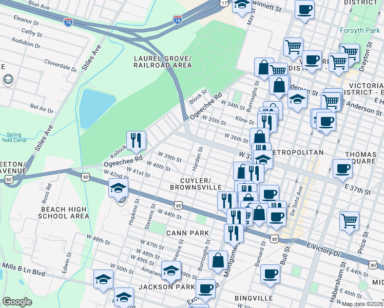 map of restaurants, bars, coffee shops, grocery stores, and more near 805 West 39th Street in Savannah