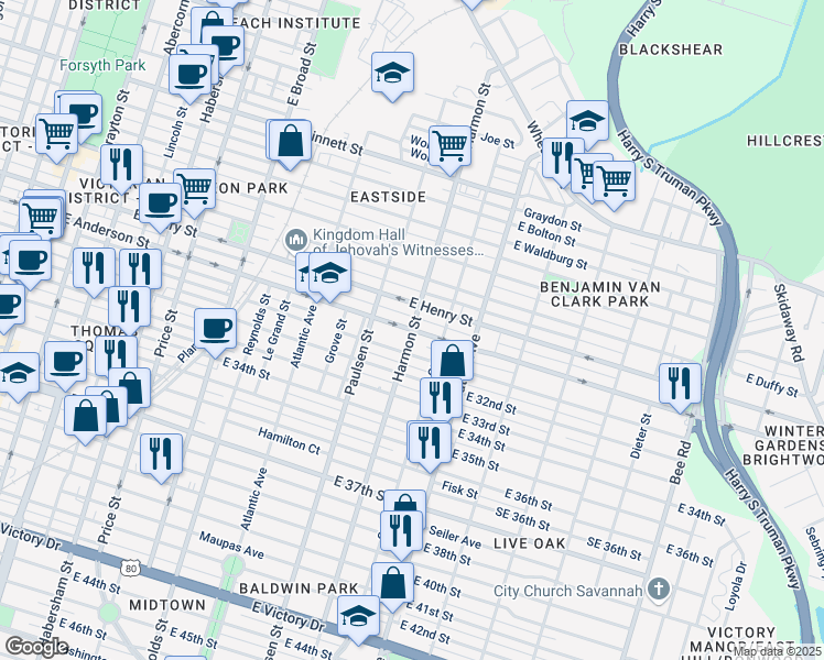 map of restaurants, bars, coffee shops, grocery stores, and more near East Anderson Street in Savannah