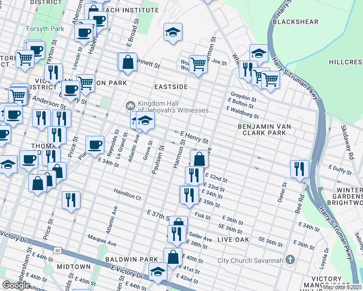 map of restaurants, bars, coffee shops, grocery stores, and more near 910 East 31st Street in Savannah