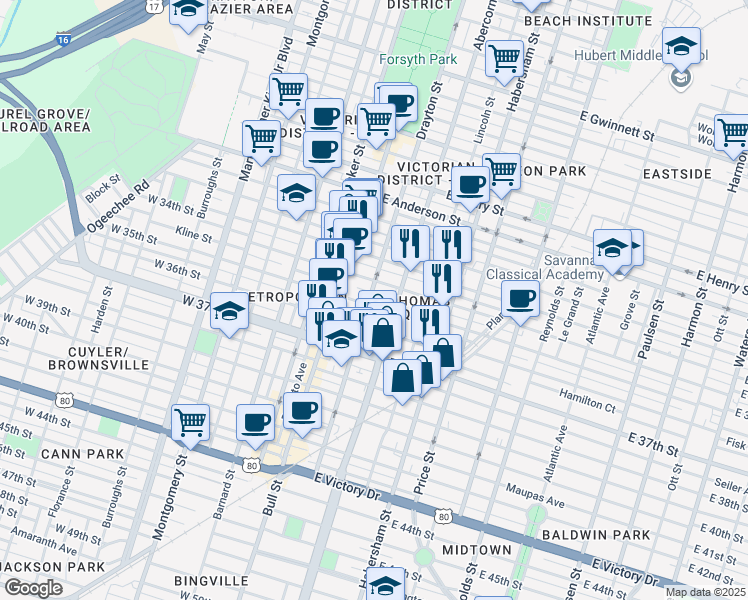 map of restaurants, bars, coffee shops, grocery stores, and more near 102 East 35th Street in Savannah