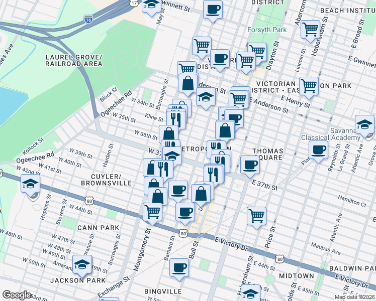map of restaurants, bars, coffee shops, grocery stores, and more near 303 Georgia 204 in Savannah