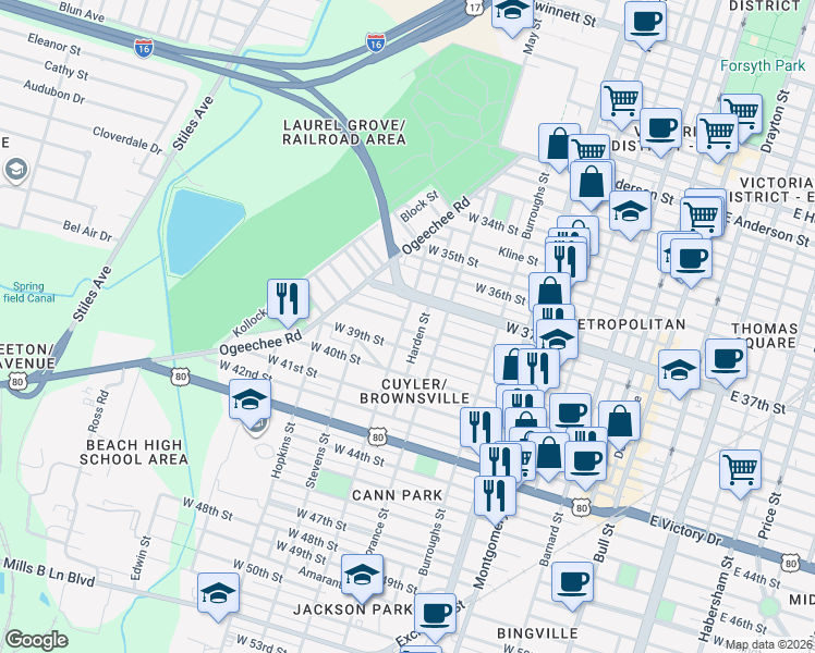 map of restaurants, bars, coffee shops, grocery stores, and more near 712 West 39th Street in Savannah