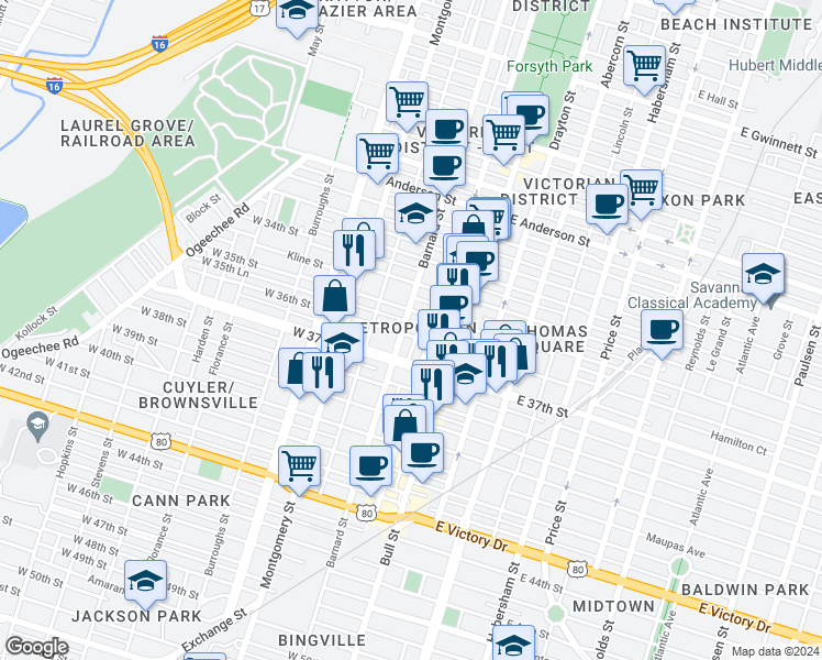 map of restaurants, bars, coffee shops, grocery stores, and more near 122 West 36th Street in Savannah