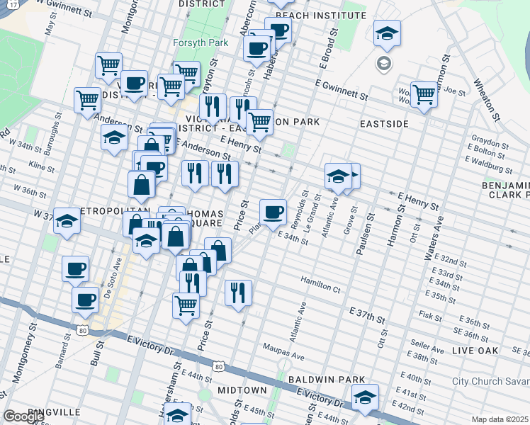 map of restaurants, bars, coffee shops, grocery stores, and more near in Savannah