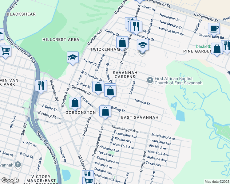 map of restaurants, bars, coffee shops, grocery stores, and more near 634 Pennsylvania Avenue in Savannah
