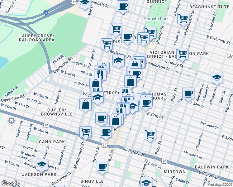 map of restaurants, bars, coffee shops, grocery stores, and more near 2012 Barnard Street in Savannah