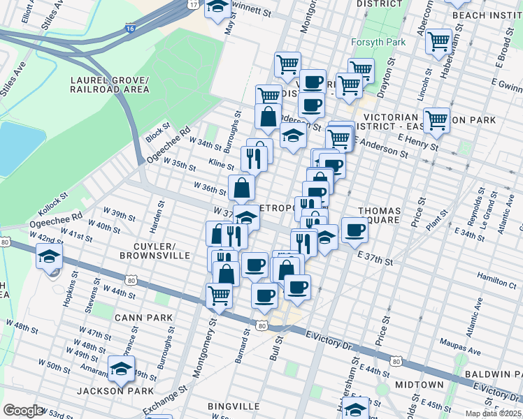 map of restaurants, bars, coffee shops, grocery stores, and more near 303 Georgia 204 in Savannah