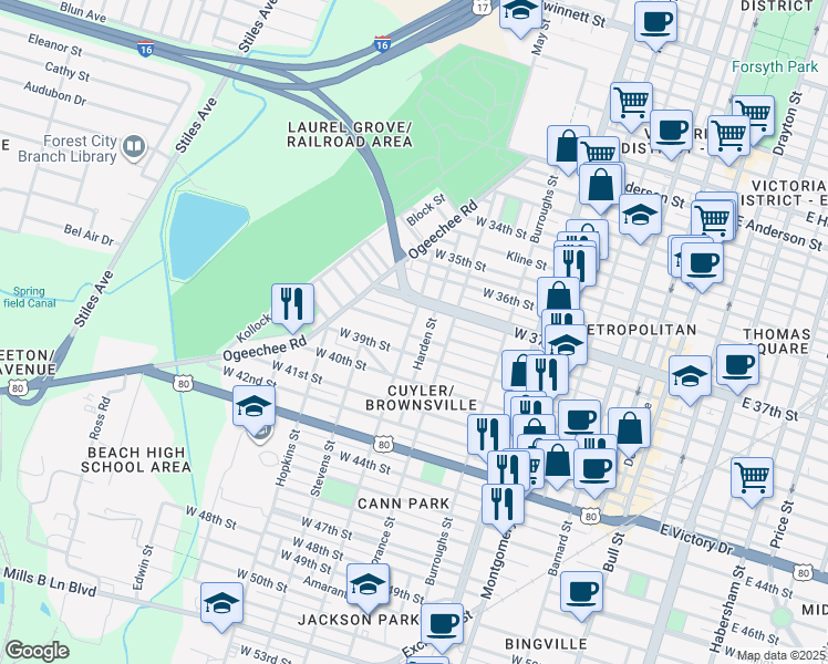 map of restaurants, bars, coffee shops, grocery stores, and more near 712 West 39th Street in Savannah
