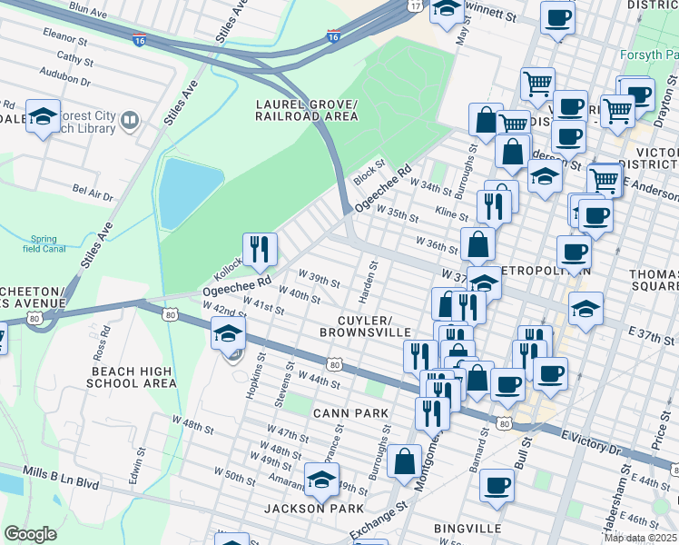 map of restaurants, bars, coffee shops, grocery stores, and more near 805 West 39th Street in Savannah