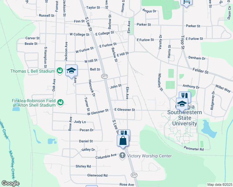 map of restaurants, bars, coffee shops, grocery stores, and more near 202 Burke Street in Americus