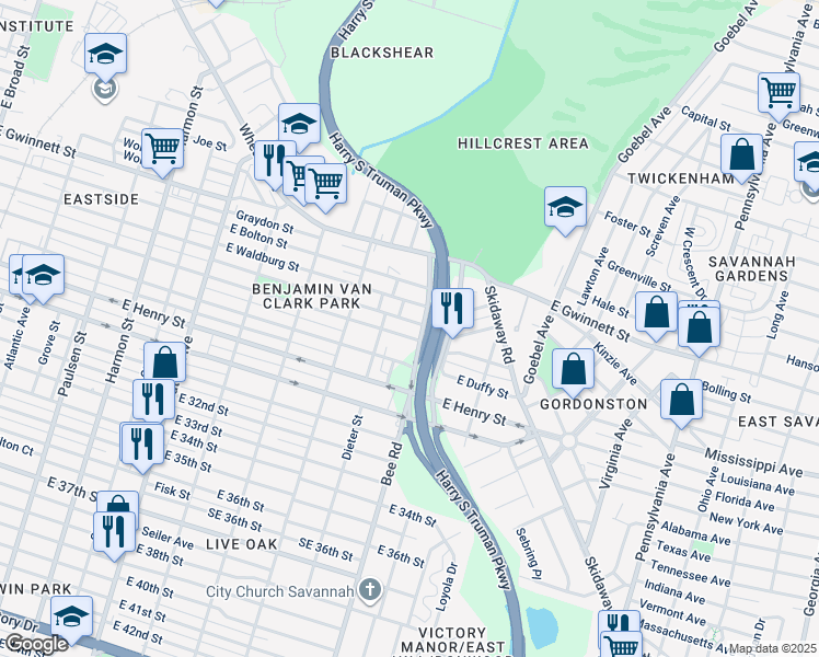 map of restaurants, bars, coffee shops, grocery stores, and more near 1518 East Duffy Street in Savannah