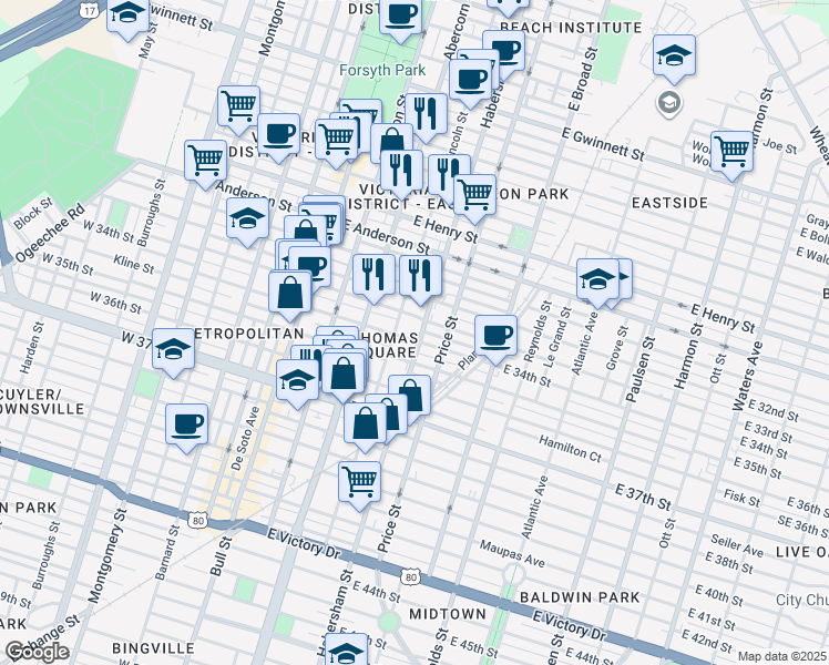 map of restaurants, bars, coffee shops, grocery stores, and more near 1611 Habersham Street in Savannah
