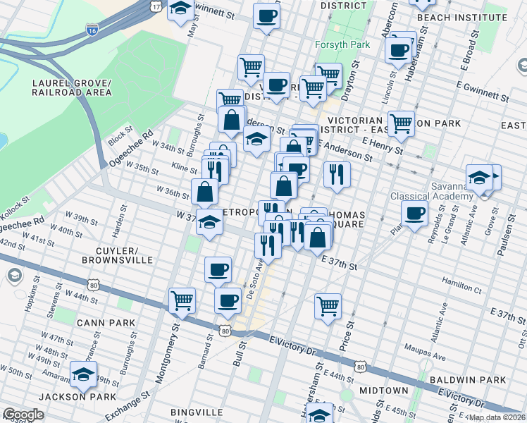map of restaurants, bars, coffee shops, grocery stores, and more near 101 Brady Street in Savannah