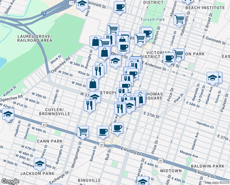 map of restaurants, bars, coffee shops, grocery stores, and more near 204 West 35th Street in Savannah