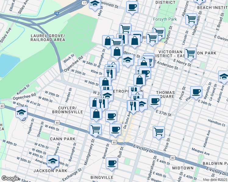 map of restaurants, bars, coffee shops, grocery stores, and more near 309 West 35th Street in Savannah