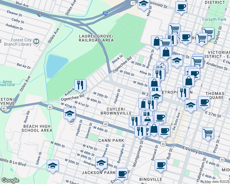map of restaurants, bars, coffee shops, grocery stores, and more near 801 West 37th Street in Savannah
