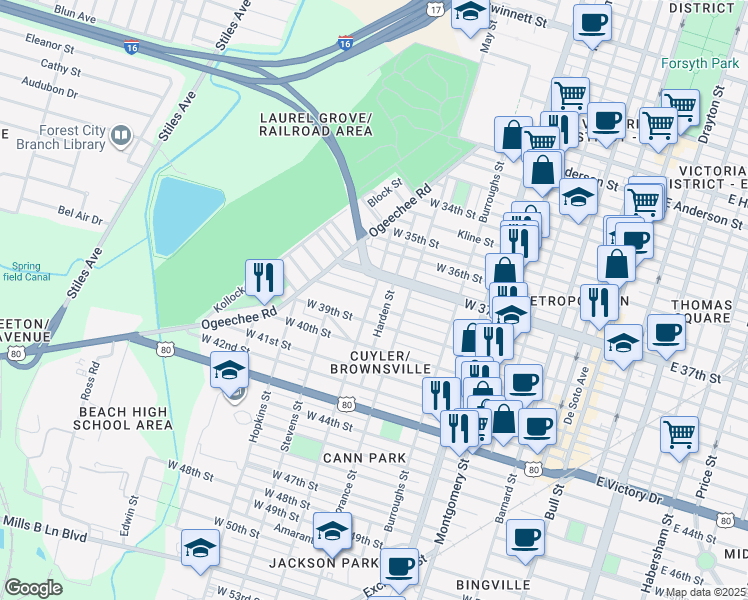 map of restaurants, bars, coffee shops, grocery stores, and more near 801 West 37th Street in Savannah
