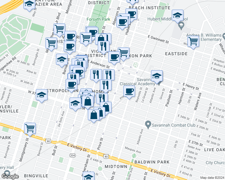 map of restaurants, bars, coffee shops, grocery stores, and more near 407 East 33rd Street in Savannah
