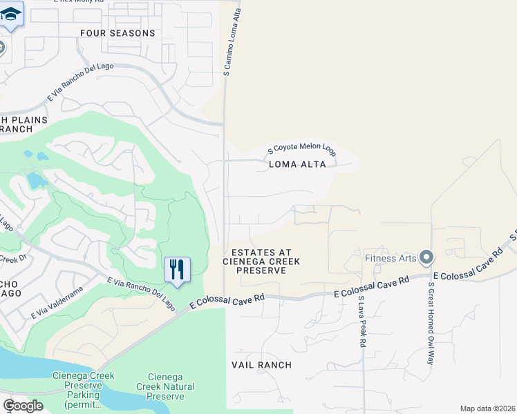 map of restaurants, bars, coffee shops, grocery stores, and more near 14416 East Desert Plume Court in Vail