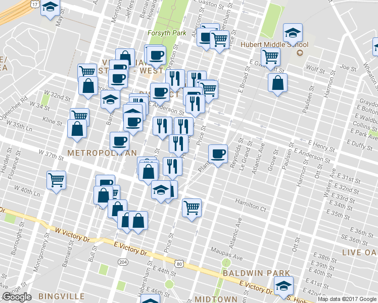 map of restaurants, bars, coffee shops, grocery stores, and more near 405 East 33rd Street in Savannah