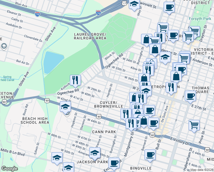 map of restaurants, bars, coffee shops, grocery stores, and more near 801 West 37th Street in Savannah