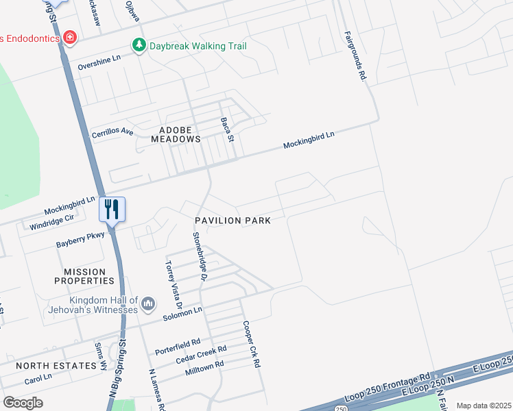 map of restaurants, bars, coffee shops, grocery stores, and more near 1412 Mockingbird Lane in Midland