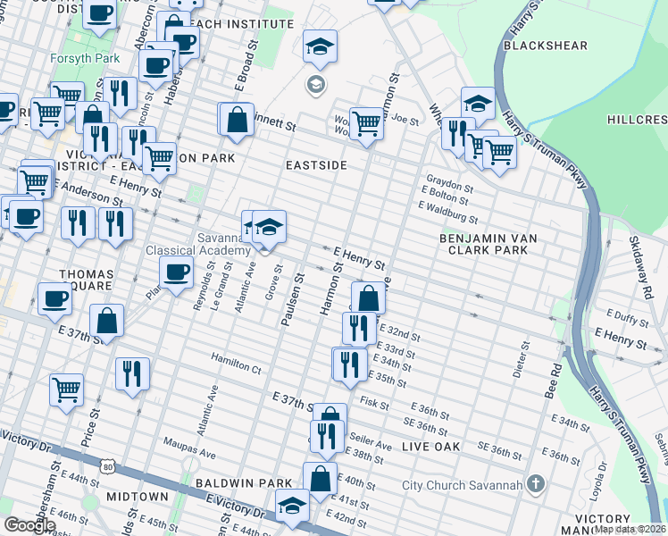map of restaurants, bars, coffee shops, grocery stores, and more near 836 East Anderson Street in Savannah