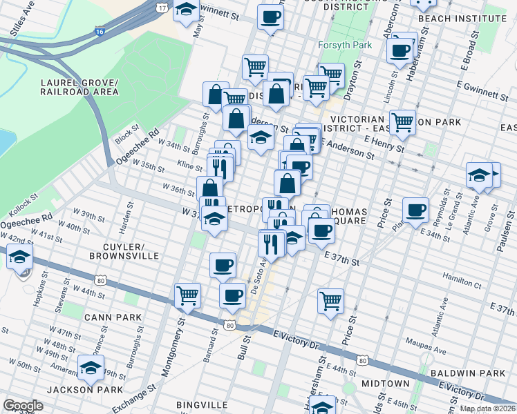 map of restaurants, bars, coffee shops, grocery stores, and more near 204 West 35th Street in Savannah