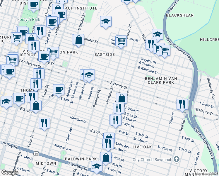 map of restaurants, bars, coffee shops, grocery stores, and more near 827 East Henry Street in Savannah