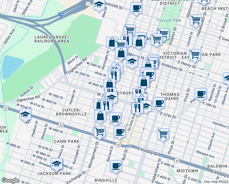 map of restaurants, bars, coffee shops, grocery stores, and more near 309 West 35th Street in Savannah