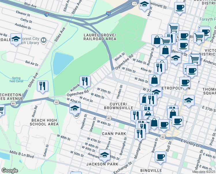 map of restaurants, bars, coffee shops, grocery stores, and more near 913 West 37th Street in Savannah