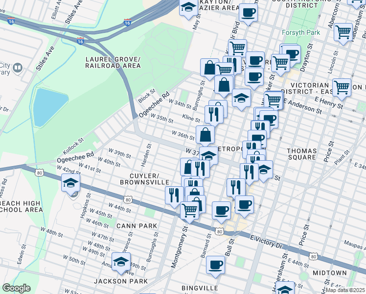 map of restaurants, bars, coffee shops, grocery stores, and more near West 37th Street in Savannah