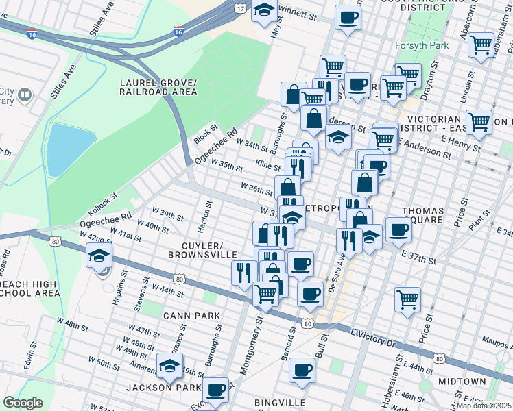 map of restaurants, bars, coffee shops, grocery stores, and more near West 37th Street in Savannah